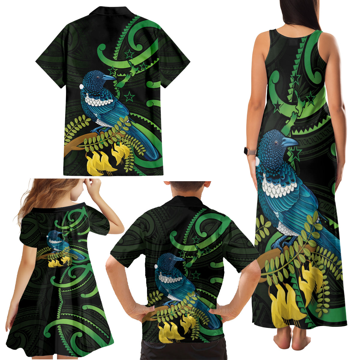 New Zealand Tui Bird Family Matching Tank Maxi Dress and Hawaiian Shirt Aotearoa Maori With Kowhai Flowers