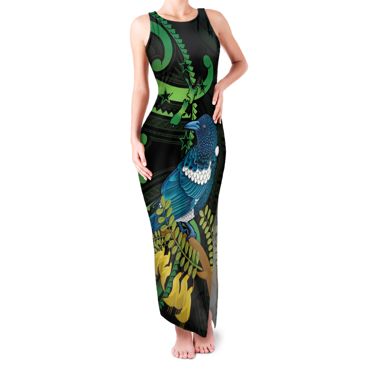 New Zealand Tui Bird Family Matching Tank Maxi Dress and Hawaiian Shirt Aotearoa Maori With Kowhai Flowers