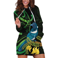 New Zealand Tui Bird Hoodie Dress Aotearoa Maori With Kowhai Flowers LT14 Black - Polynesian Pride