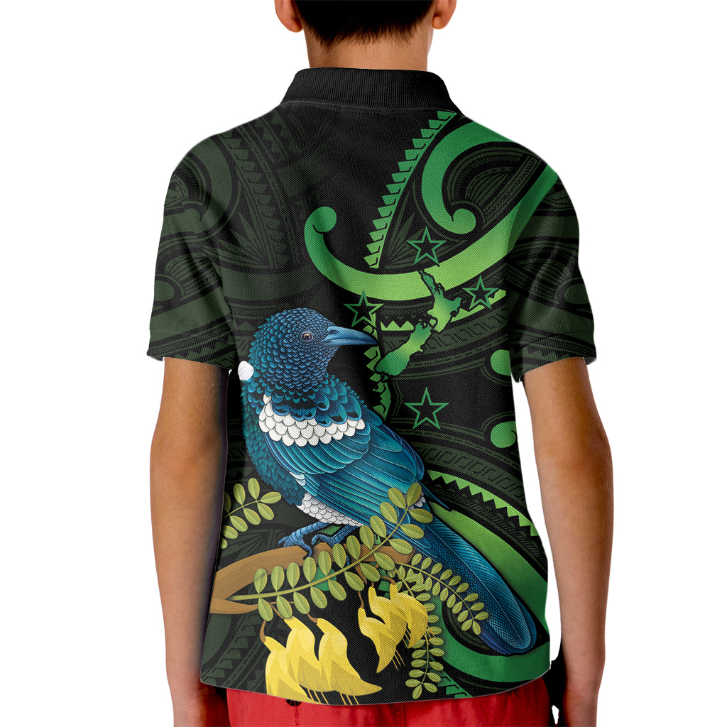 New Zealand Tui Bird Kid Polo Shirt Aotearoa Maori With Kowhai Flowers