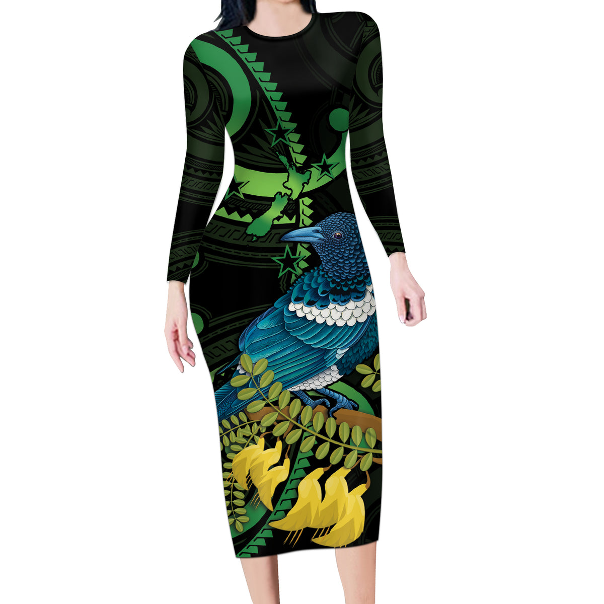 New Zealand Tui Bird Long Sleeve Bodycon Dress Aotearoa Maori With Kowhai Flowers LT14 Long Dress Black - Polynesian Pride