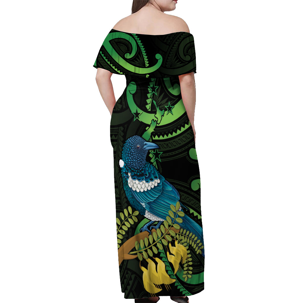 New Zealand Tui Bird Off Shoulder Maxi Dress Aotearoa Maori With Kowhai Flowers LT14 - Polynesian Pride
