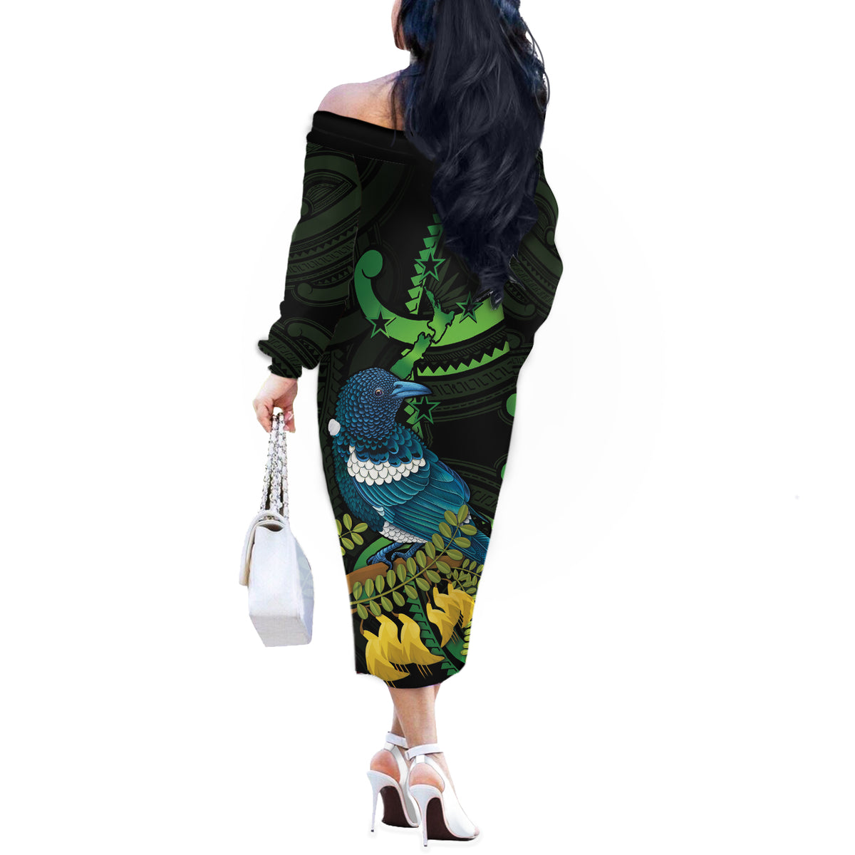 New Zealand Tui Bird Off The Shoulder Long Sleeve Dress Aotearoa Maori With Kowhai Flowers LT14 - Polynesian Pride