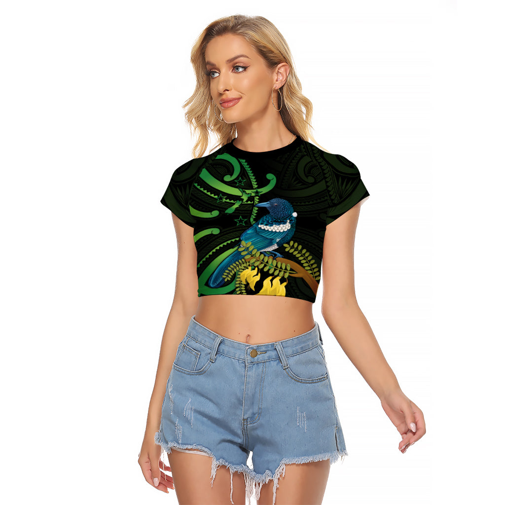 New Zealand Tui Bird Raglan Cropped T Shirt Aotearoa Maori With Kowhai Flowers