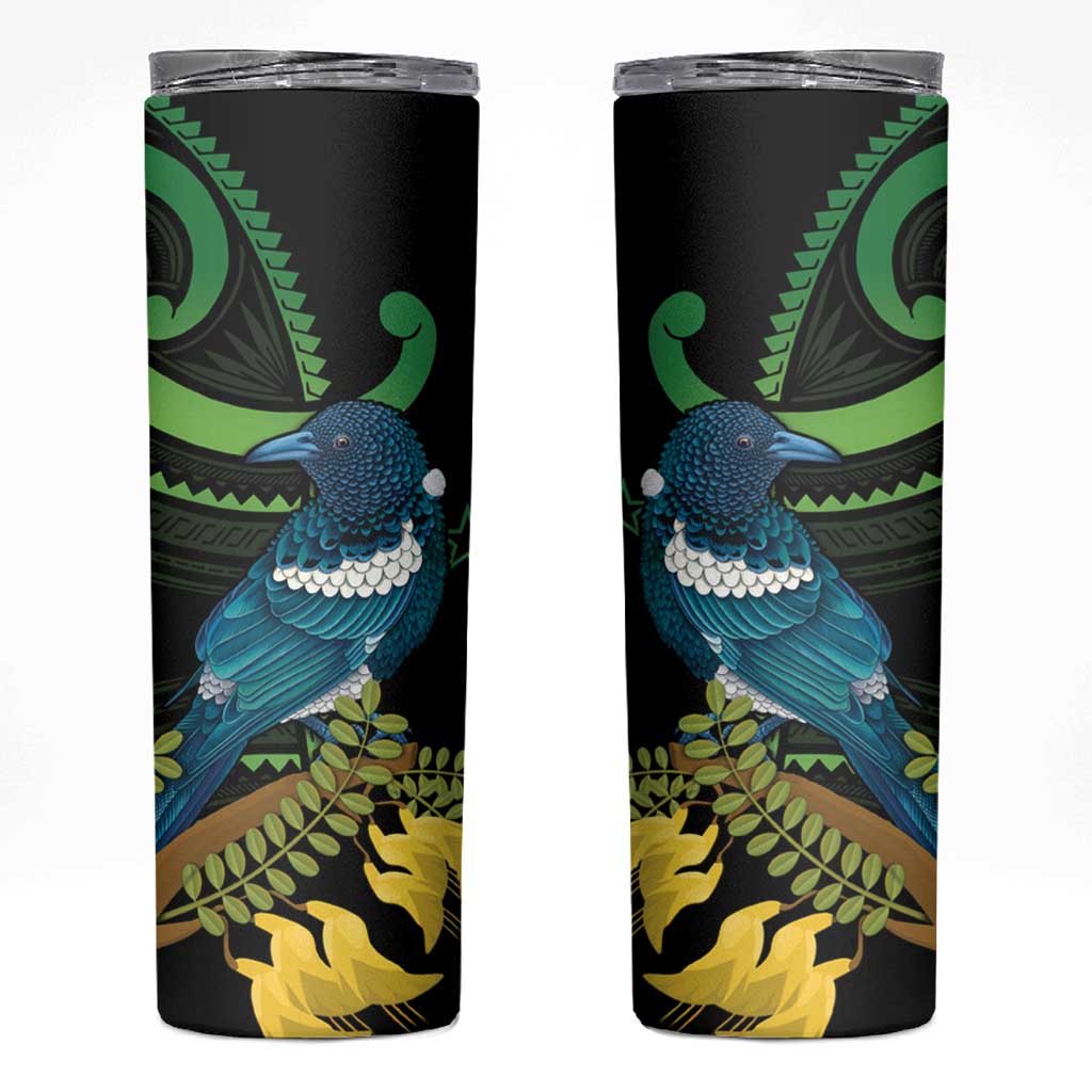 New Zealand Tui Bird Skinny Tumbler Aotearoa Maori With Kowhai Flowers