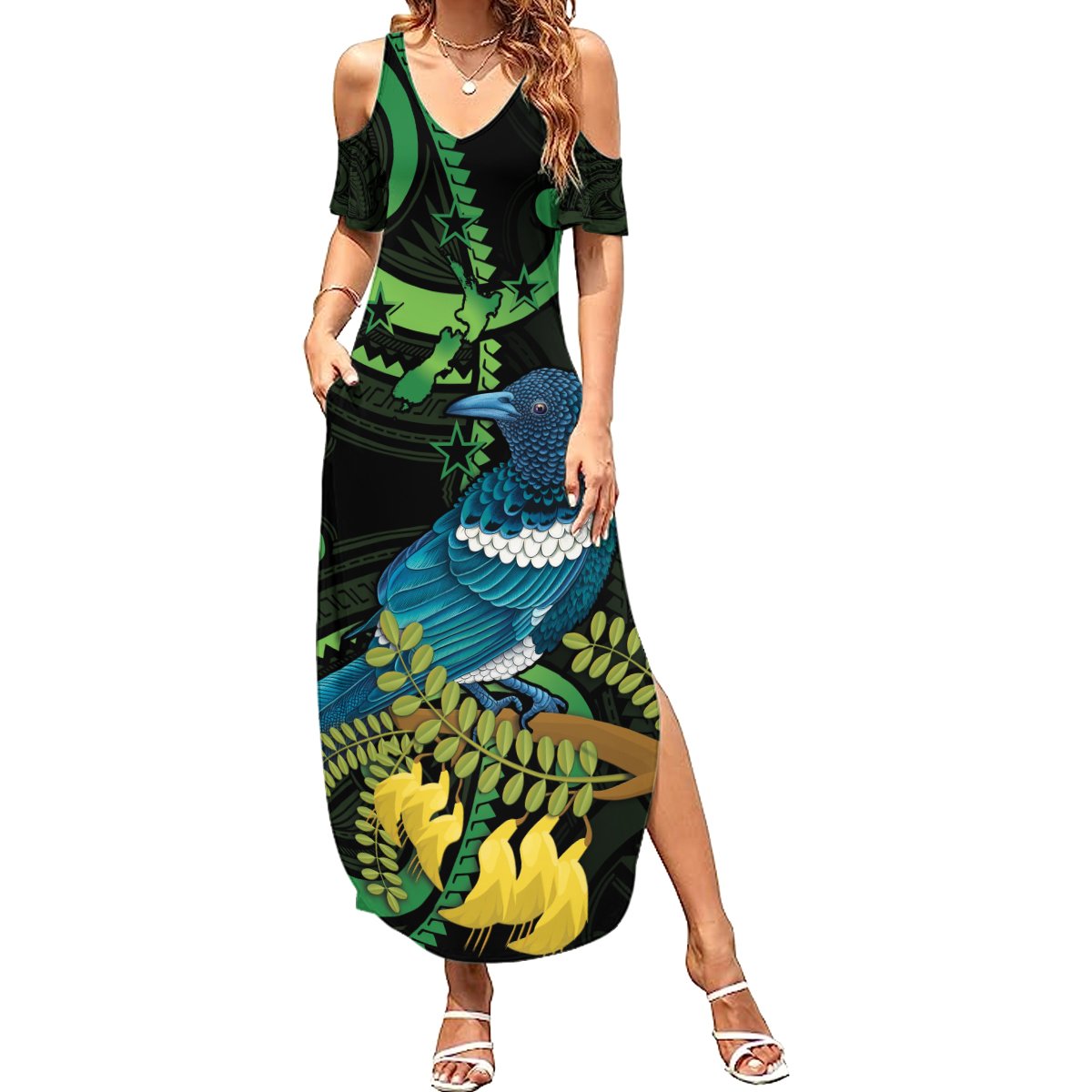 New Zealand Tui Bird Summer Maxi Dress Aotearoa Maori With Kowhai Flowers LT14 Women Black - Polynesian Pride