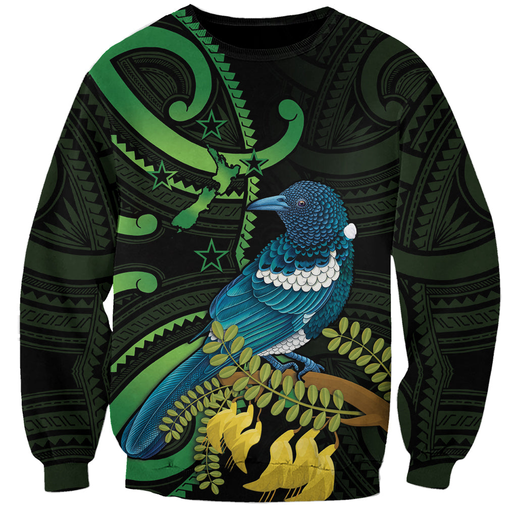 New Zealand Tui Bird Sweatshirt Aotearoa Maori With Kowhai Flowers