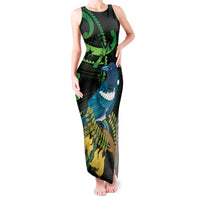 New Zealand Tui Bird Tank Maxi Dress Aotearoa Maori With Kowhai Flowers LT14 Women Black - Polynesian Pride