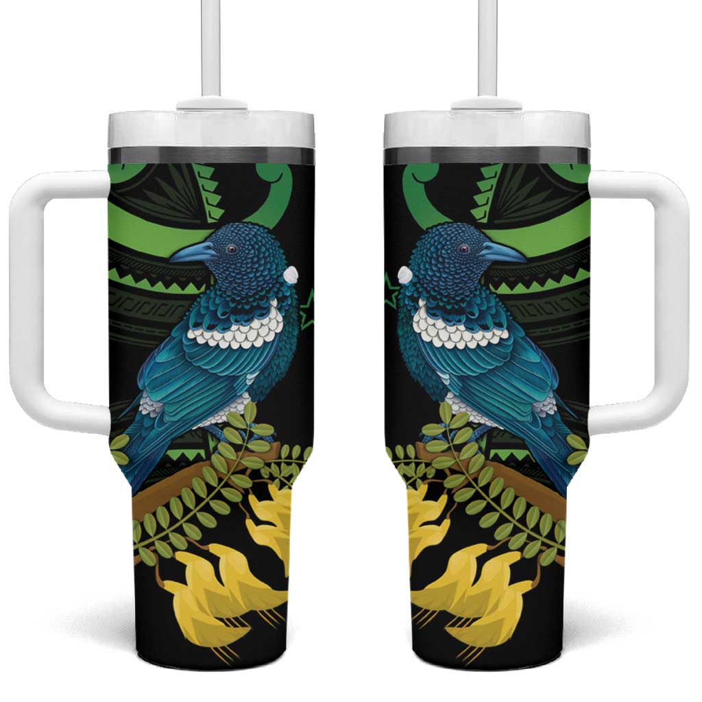 New Zealand Tui Bird Tumbler With Handle Aotearoa Maori With Kowhai Flowers