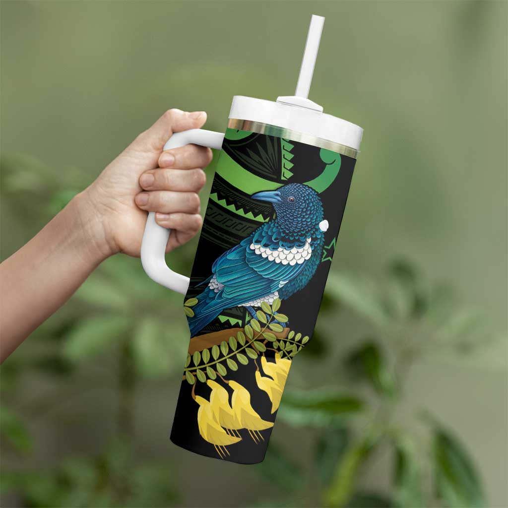 New Zealand Tui Bird Tumbler With Handle Aotearoa Maori With Kowhai Flowers