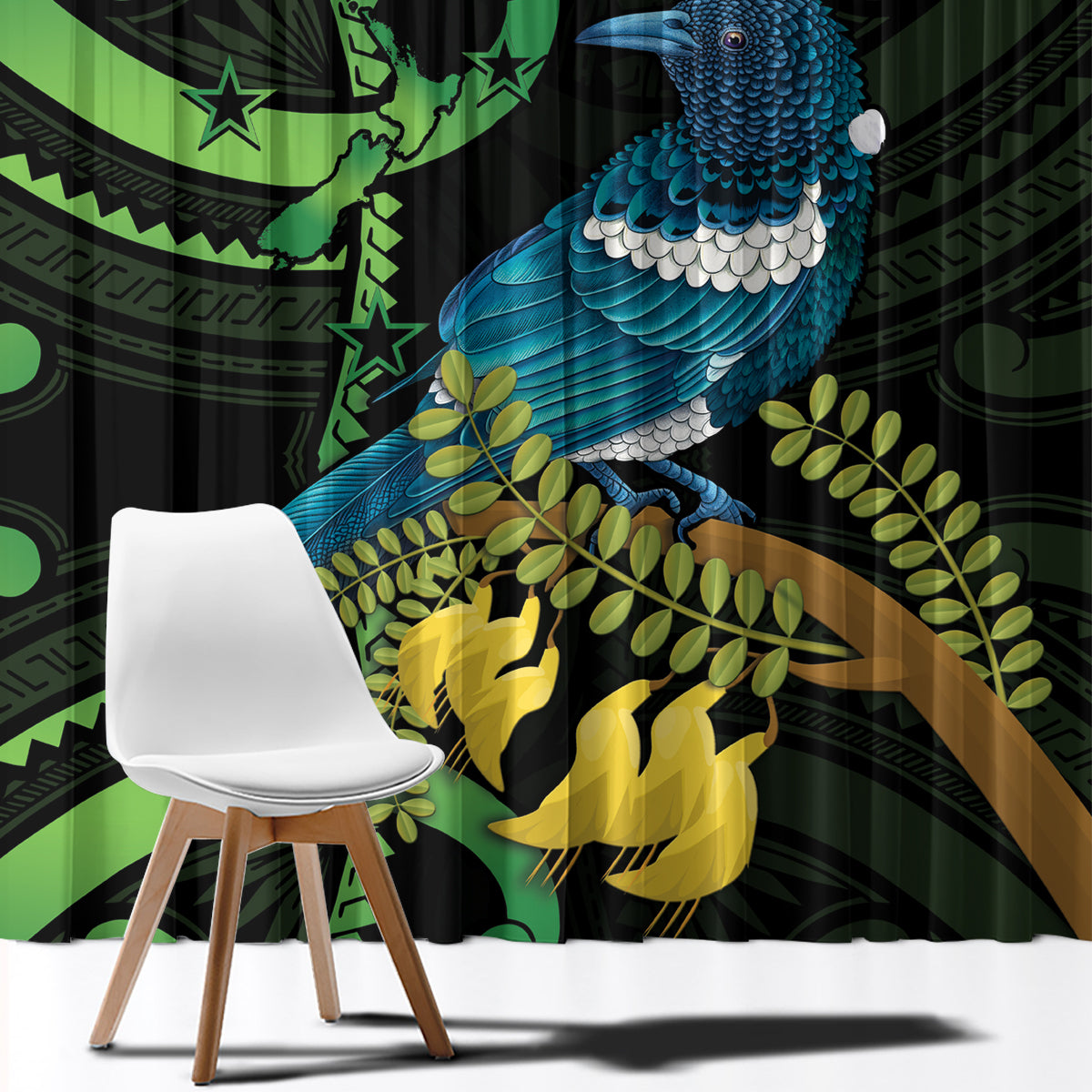 New Zealand Tui Bird Window Curtain Aotearoa Maori With Kowhai Flowers