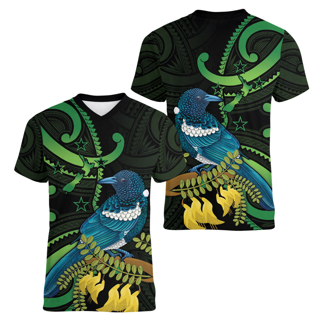 New Zealand Tui Bird Women V-Neck T-Shirt Aotearoa Maori With Kowhai Flowers