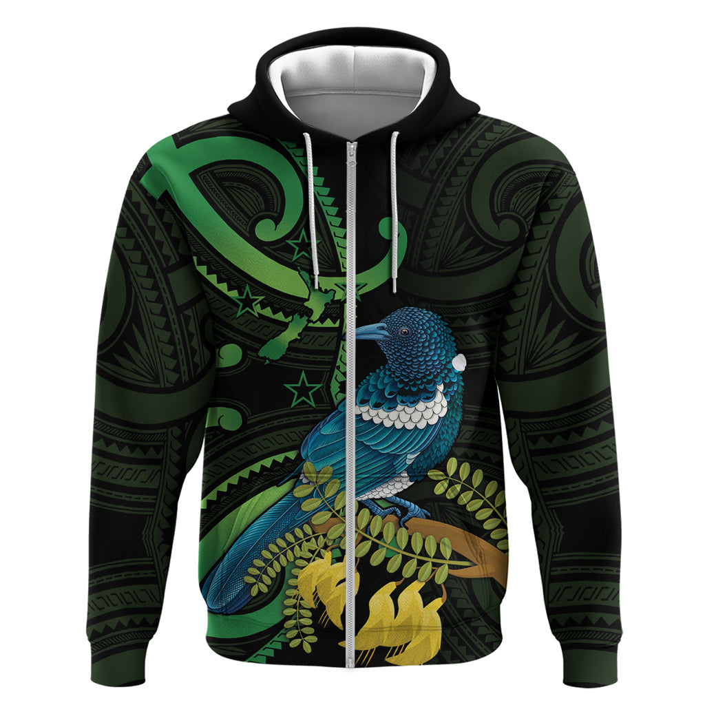 New Zealand Tui Bird Zip Hoodie Aotearoa Maori With Kowhai Flowers LT14 Zip Hoodie Black - Polynesian Pride
