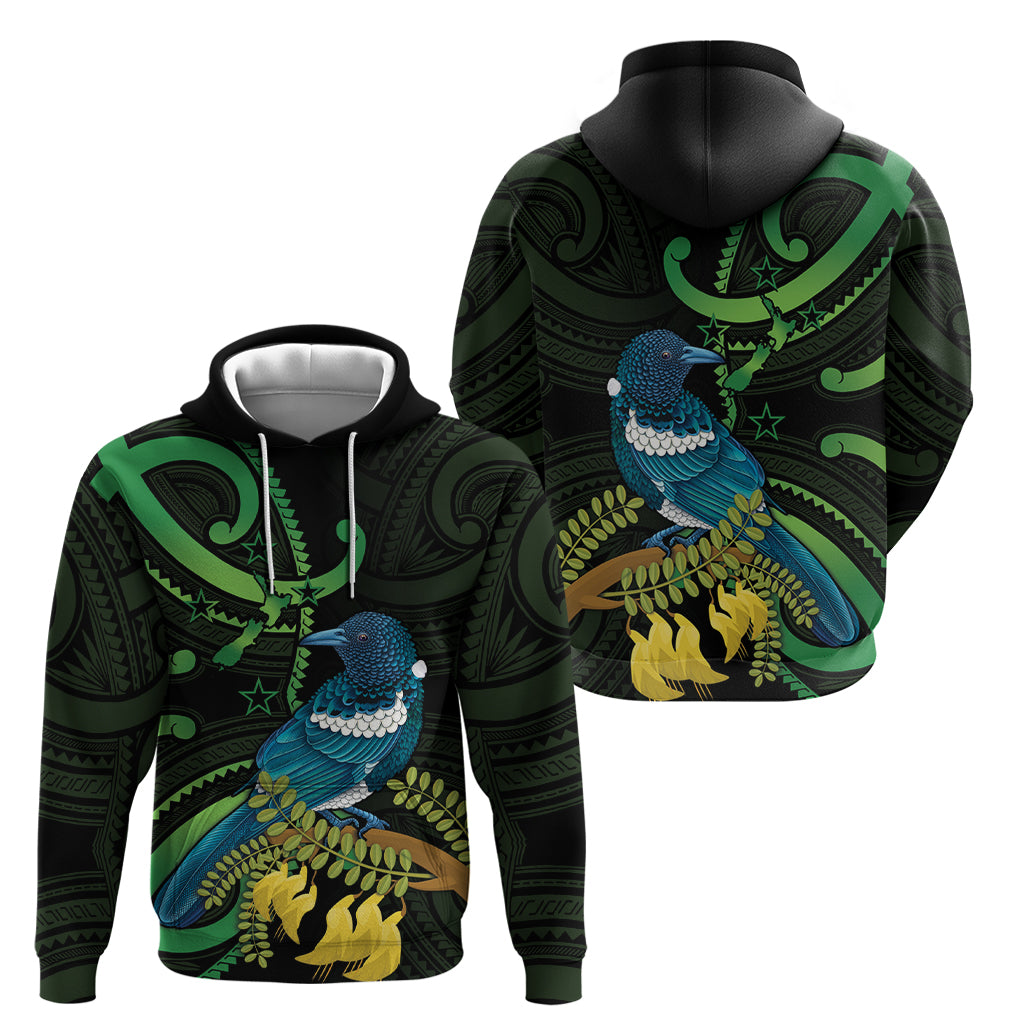 New Zealand Tui Bird Zip Hoodie Aotearoa Maori With Kowhai Flowers LT14 - Polynesian Pride