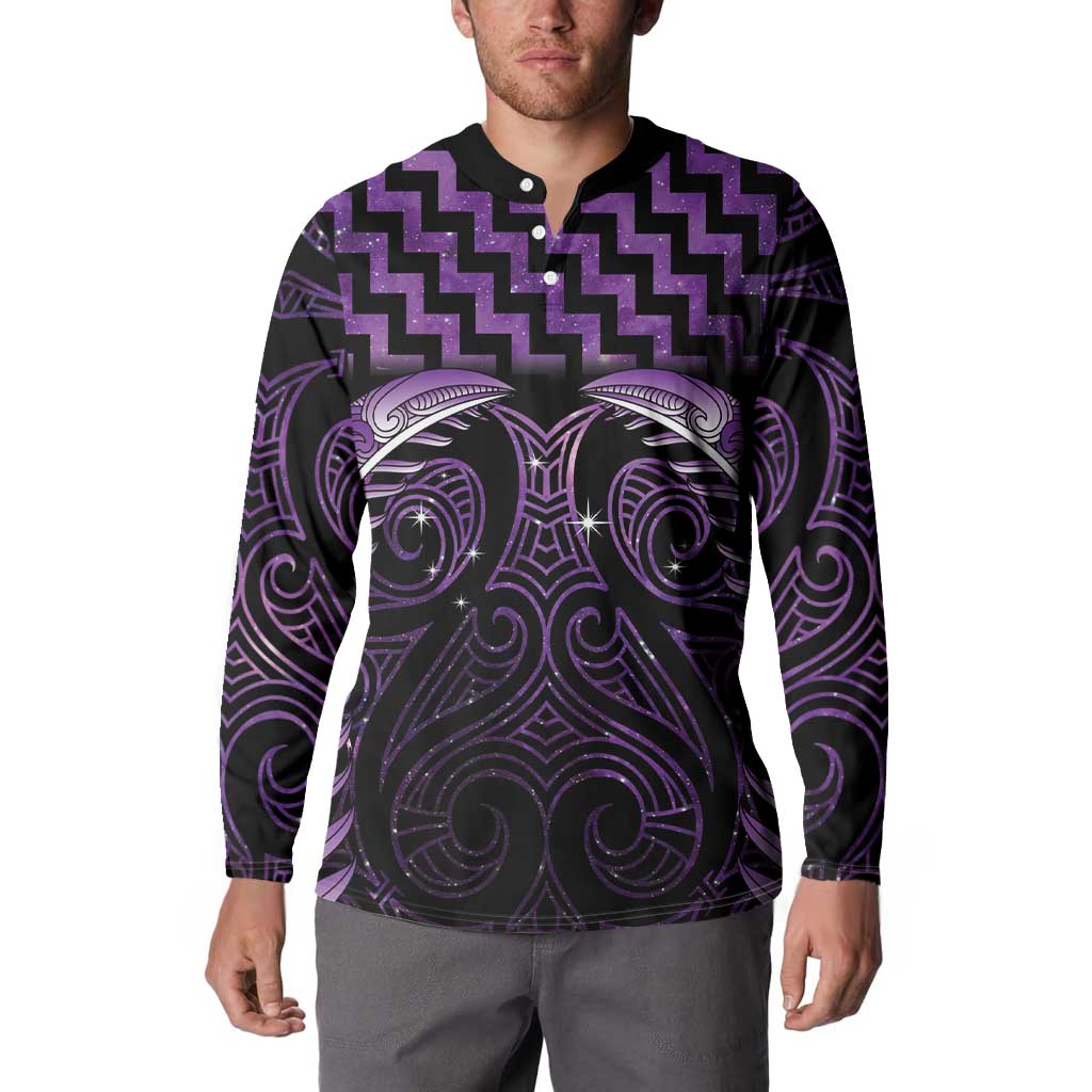 Purple Matariki New Zealand Button Sweatshirt Maori Poutama Galaxy Vibes
