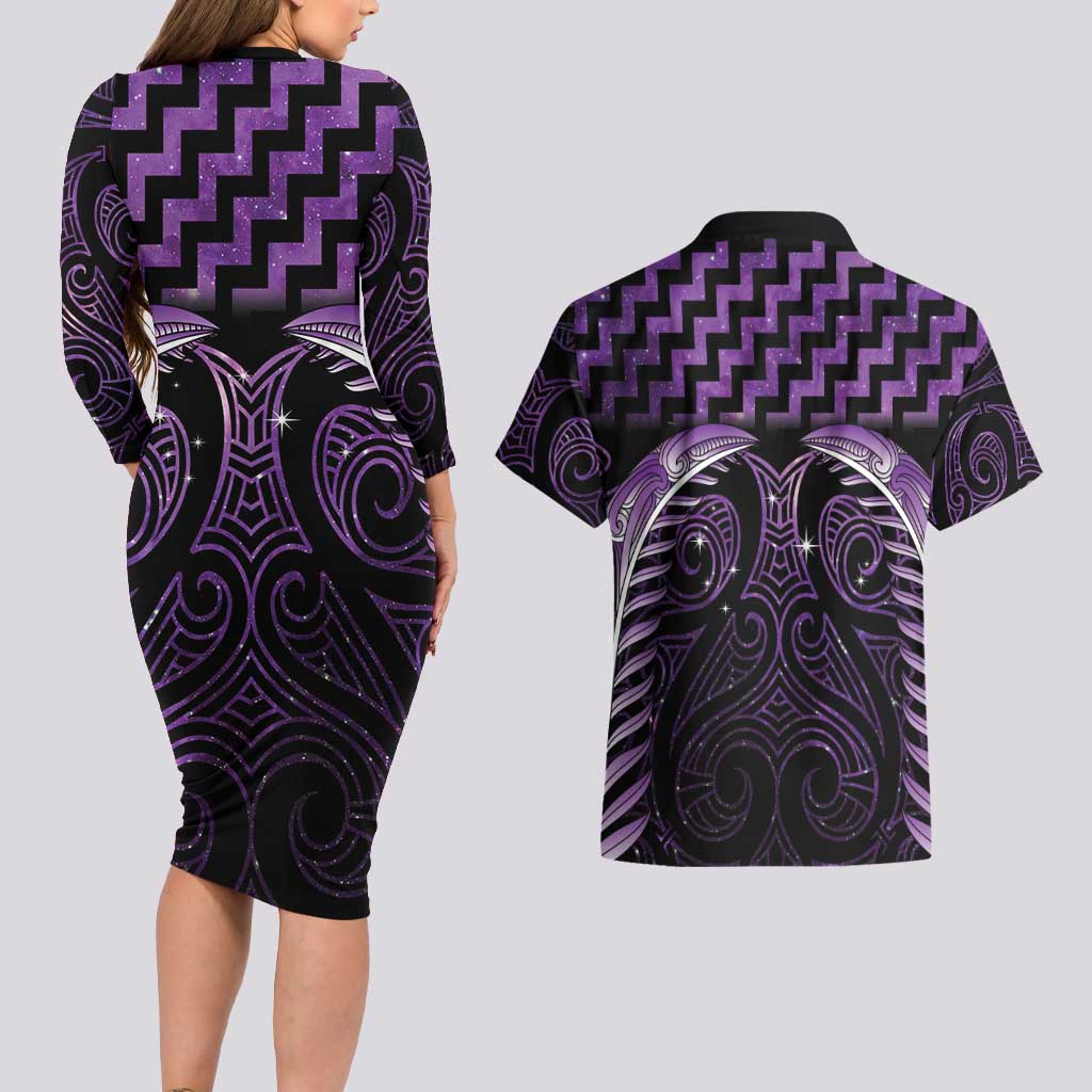 Purple Matariki New Zealand Couples Matching Long Sleeve Bodycon Dress and Hawaiian Shirt Maori Poutama Galaxy Vibes