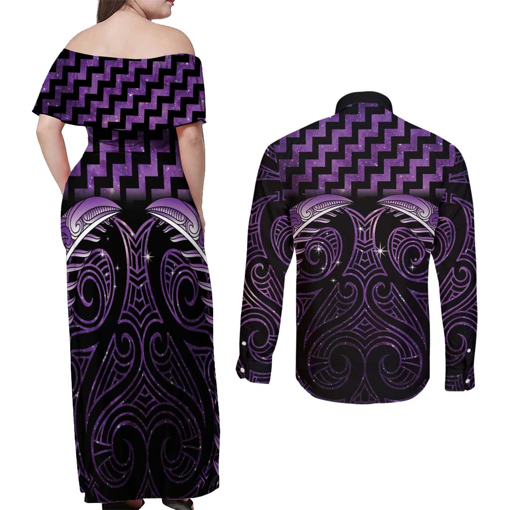 Purple Matariki New Zealand Couples Matching Off Shoulder Maxi Dress and Long Sleeve Button Shirt Maori Poutama Galaxy Vibes