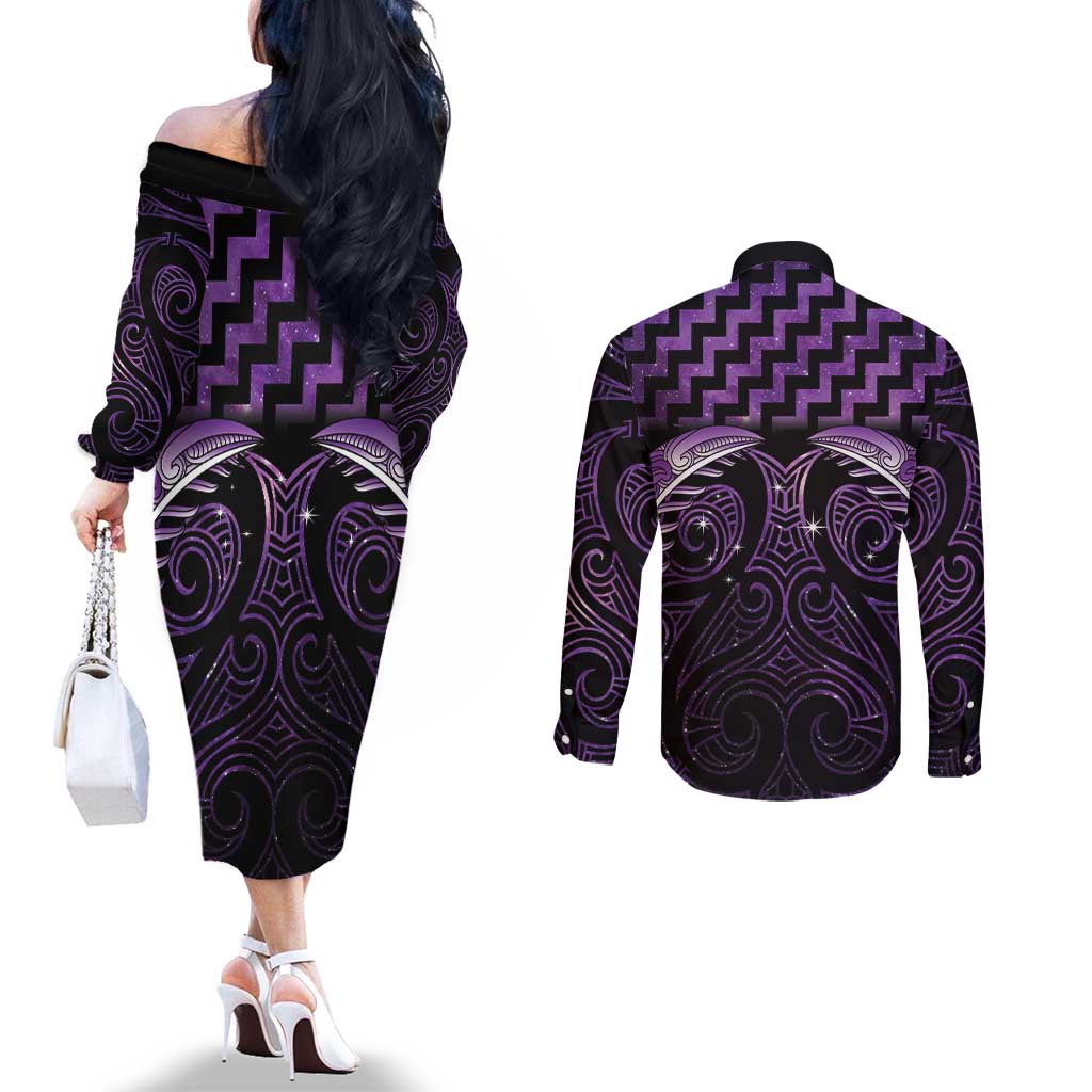 Purple Matariki New Zealand Couples Matching Off The Shoulder Long Sleeve Dress and Long Sleeve Button Shirt Maori Poutama Galaxy Vibes