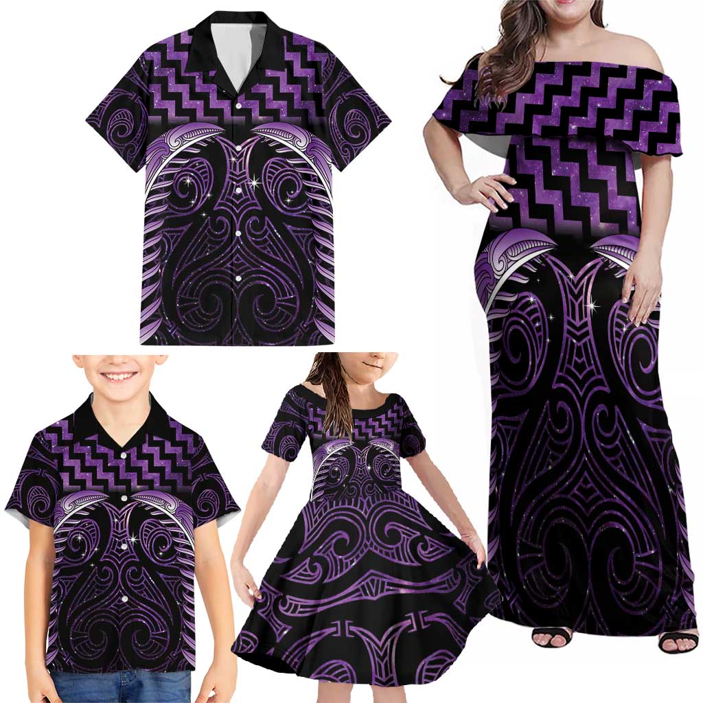 Purple Matariki New Zealand Family Matching Off Shoulder Maxi Dress and Hawaiian Shirt Maori Poutama Galaxy Vibes