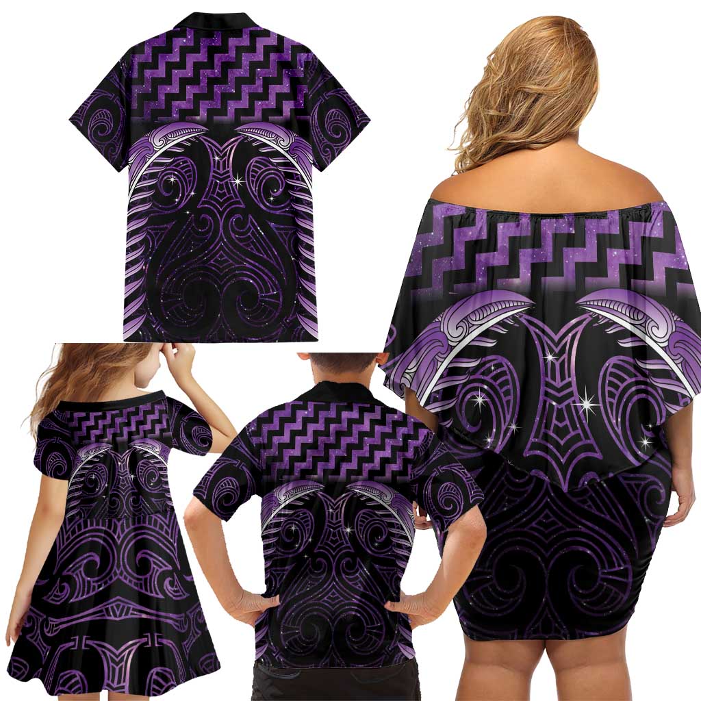 Purple Matariki New Zealand Family Matching Off Shoulder Short Dress and Hawaiian Shirt Maori Poutama Galaxy Vibes