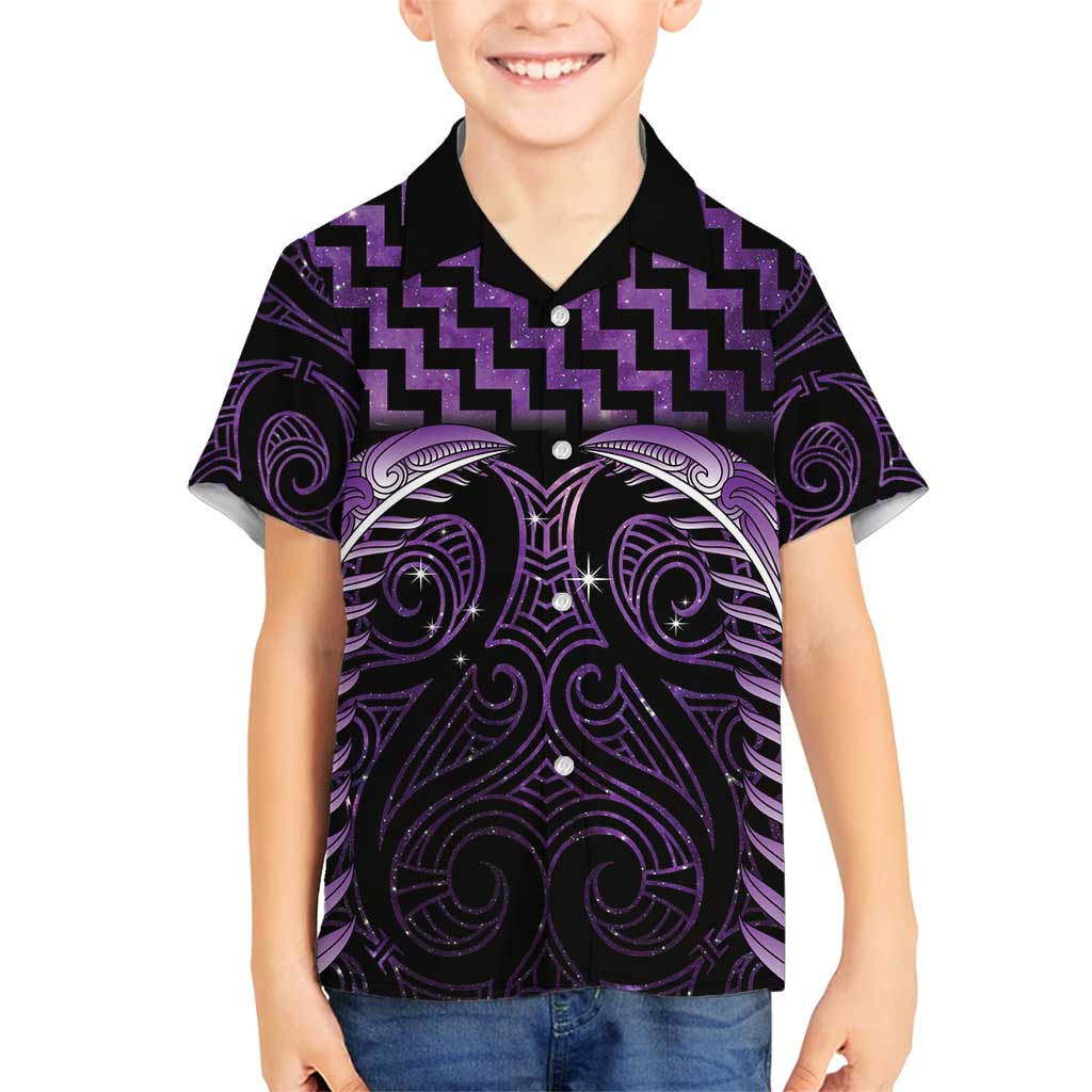 Purple Matariki New Zealand Family Matching Off Shoulder Short Dress and Hawaiian Shirt Maori Poutama Galaxy Vibes