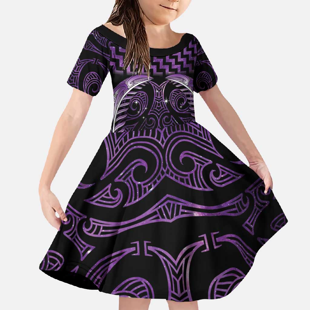 Purple Matariki New Zealand Family Matching Short Sleeve Bodycon Dress and Hawaiian Shirt Maori Poutama Galaxy Vibes