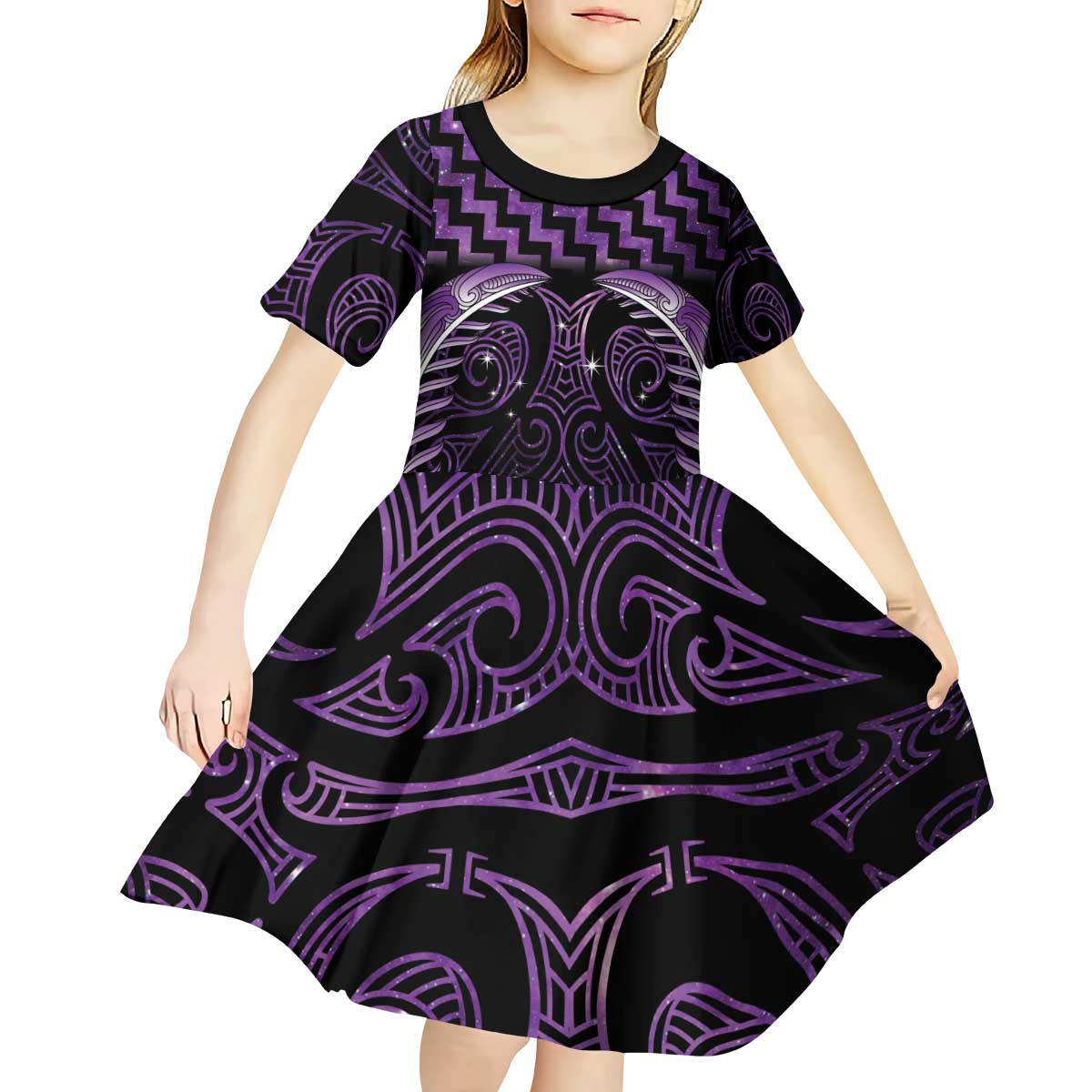Purple Matariki New Zealand Kid Short Sleeve Dress Maori Poutama Galaxy Vibes