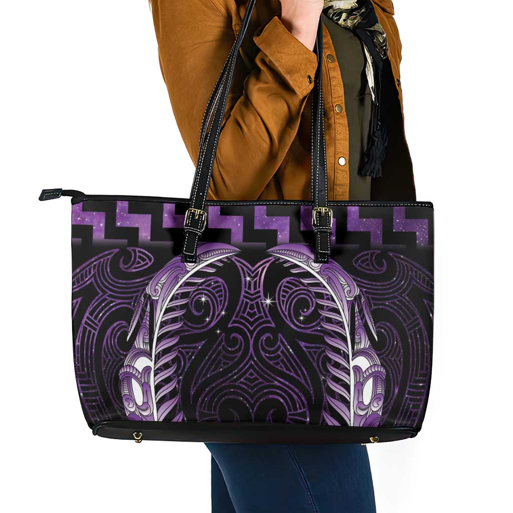 Purple Matariki New Zealand Leather Tote Bag Maori Poutama Galaxy Vibes