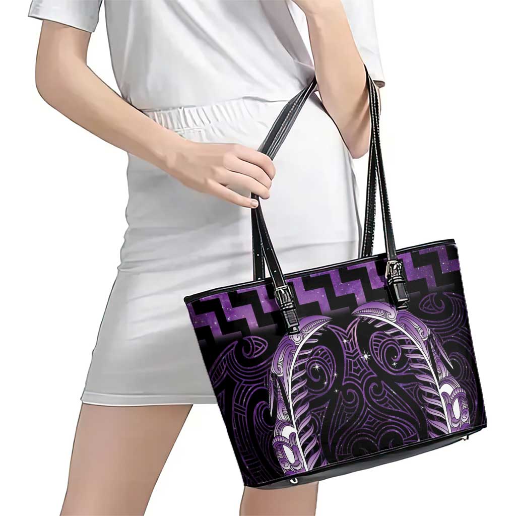 Purple Matariki New Zealand Leather Tote Bag Maori Poutama Galaxy Vibes