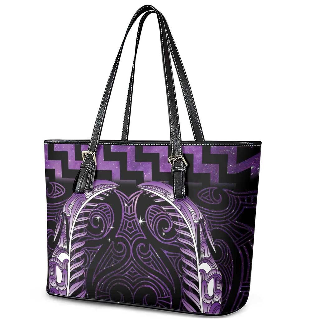 Purple Matariki New Zealand Leather Tote Bag Maori Poutama Galaxy Vibes