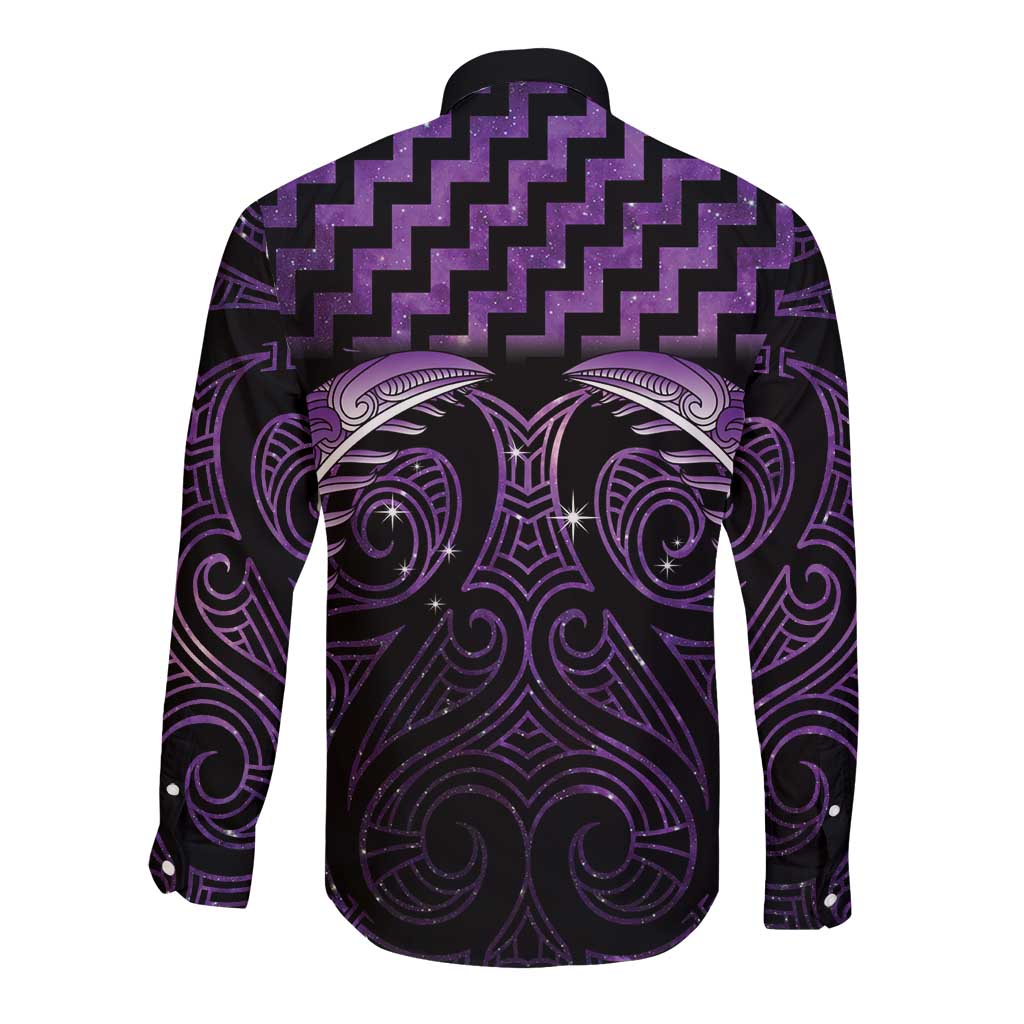Purple Matariki New Zealand Long Sleeve Button Shirt Maori Poutama Galaxy Vibes