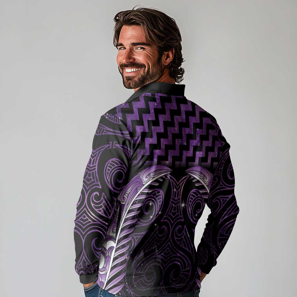 Purple Matariki New Zealand Long Sleeve Polo Shirt Maori Poutama Galaxy Vibes