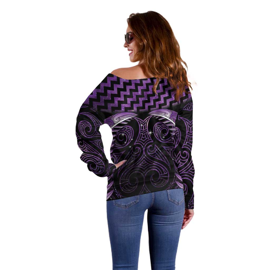 Purple Matariki New Zealand Off Shoulder Sweater Maori Poutama Galaxy Vibes