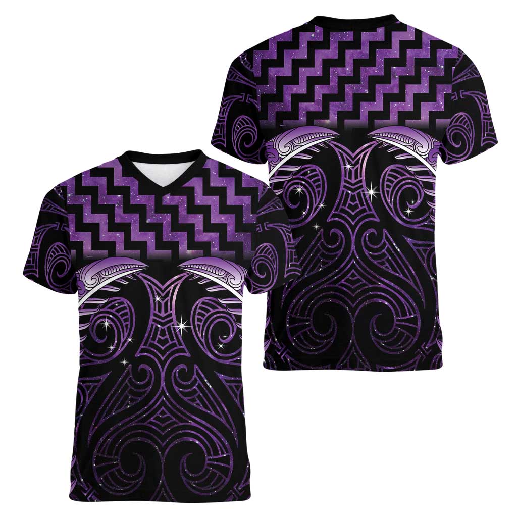 Purple Matariki New Zealand Women V-Neck T-Shirt Maori Poutama Galaxy Vibes