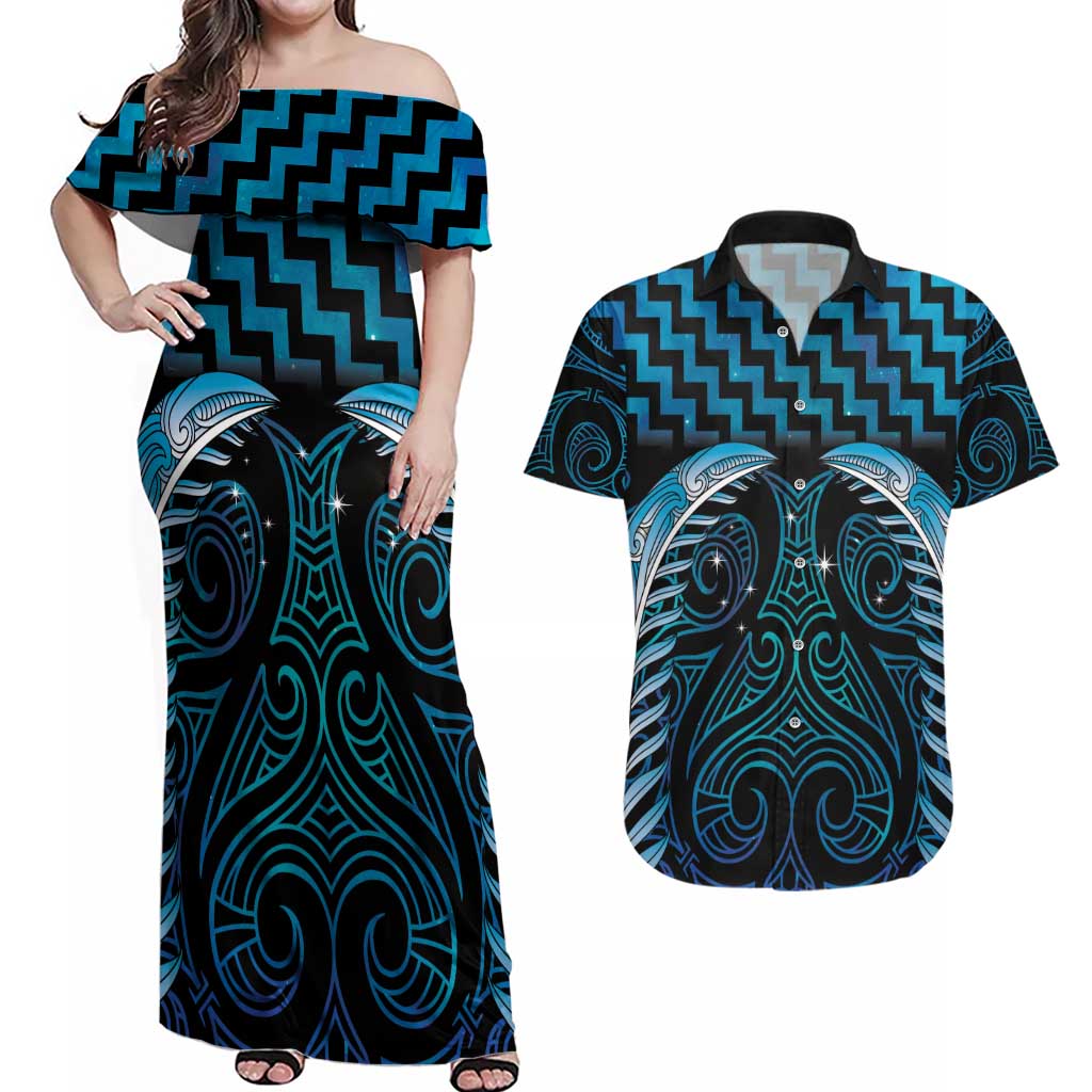 Blue Matariki New Zealand Couples Matching Off Shoulder Maxi Dress and Hawaiian Shirt Maori Poutama Galaxy Vibes