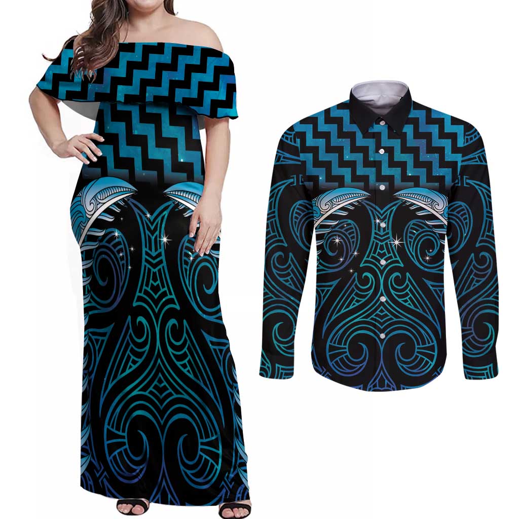 Blue Matariki New Zealand Couples Matching Off Shoulder Maxi Dress and Long Sleeve Button Shirt Maori Poutama Galaxy Vibes