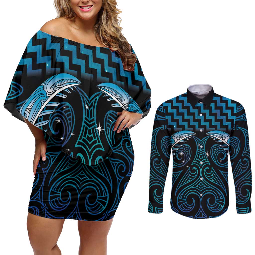 Blue Matariki New Zealand Couples Matching Off Shoulder Short Dress and Long Sleeve Button Shirt Maori Poutama Galaxy Vibes