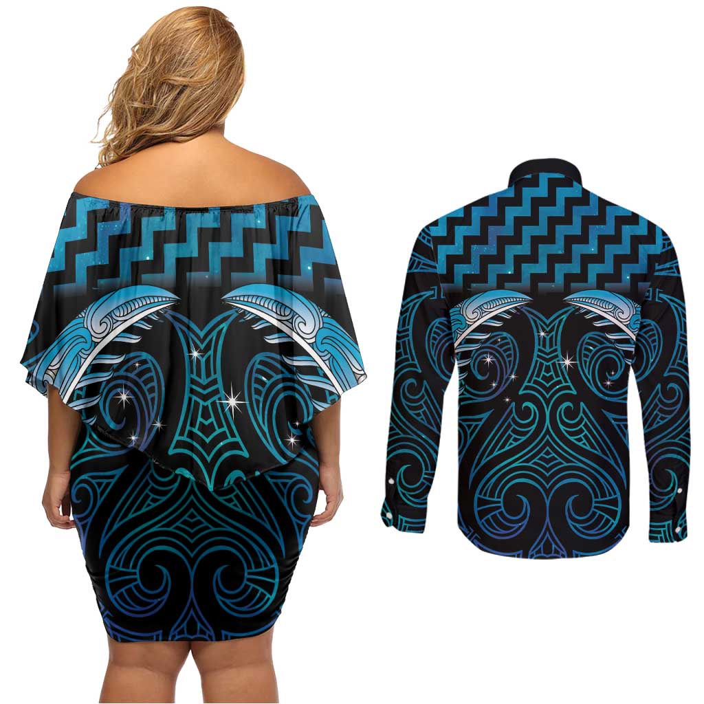 Blue Matariki New Zealand Couples Matching Off Shoulder Short Dress and Long Sleeve Button Shirt Maori Poutama Galaxy Vibes