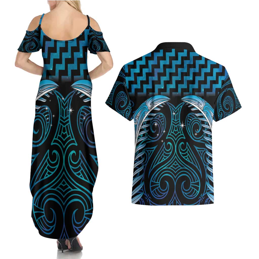 Blue Matariki New Zealand Couples Matching Summer Maxi Dress and Hawaiian Shirt Maori Poutama Galaxy Vibes