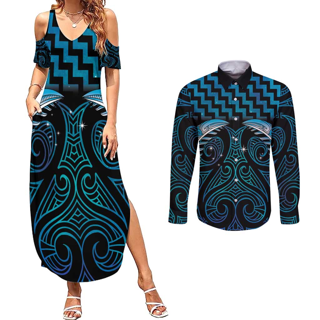 Blue Matariki New Zealand Couples Matching Summer Maxi Dress and Long Sleeve Button Shirt Maori Poutama Galaxy Vibes