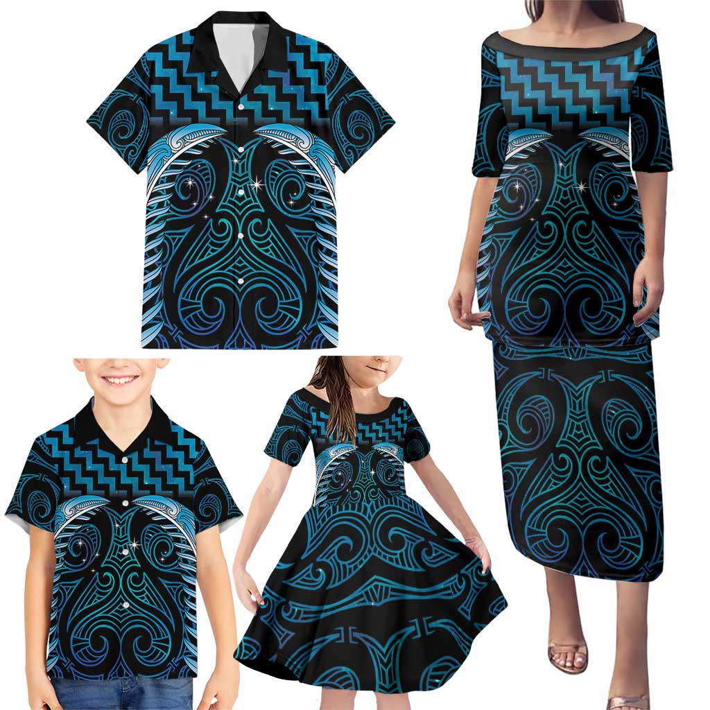 Blue Matariki New Zealand Family Matching Puletasi and Hawaiian Shirt Maori Poutama Galaxy Vibes