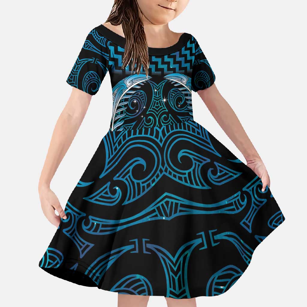 Blue Matariki New Zealand Family Matching Short Sleeve Bodycon Dress and Hawaiian Shirt Maori Poutama Galaxy Vibes