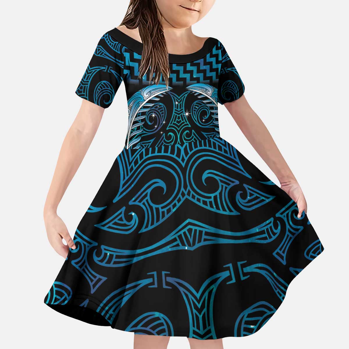 Blue Matariki New Zealand Kid Short Sleeve Dress Maori Poutama Galaxy Vibes