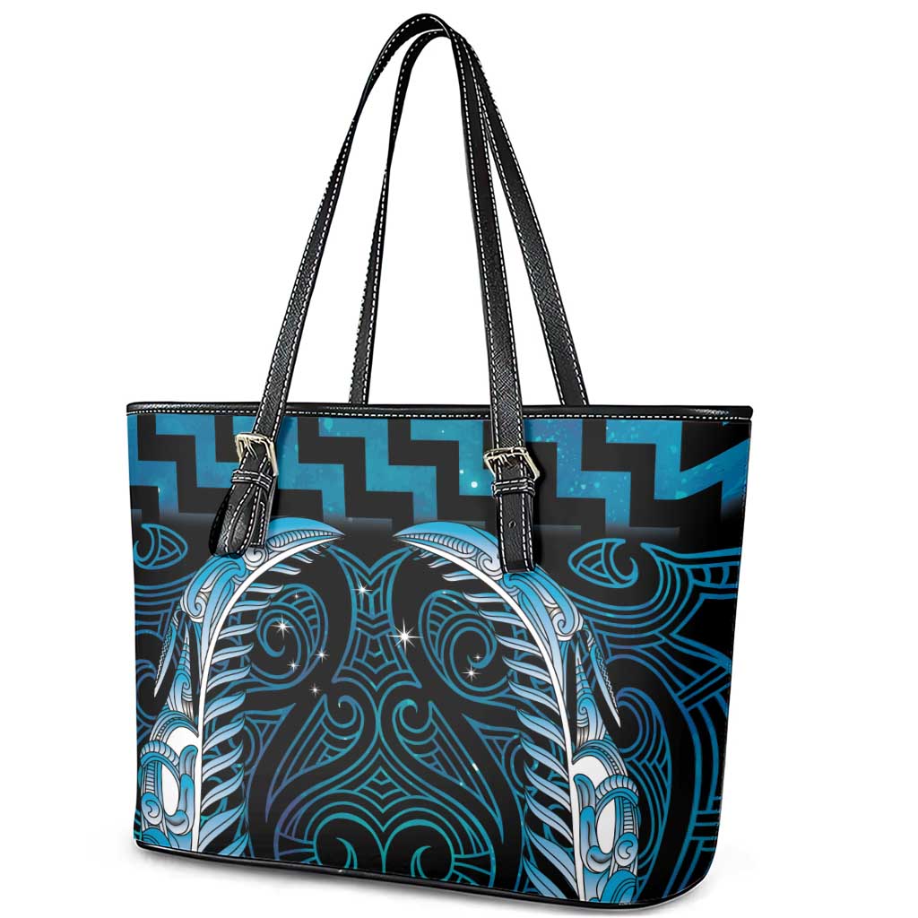 Blue Matariki New Zealand Leather Tote Bag Maori Poutama Galaxy Vibes