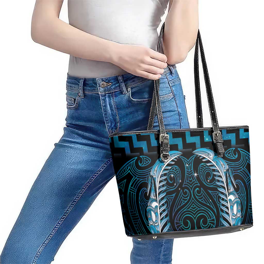 Blue Matariki New Zealand Leather Tote Bag Maori Poutama Galaxy Vibes