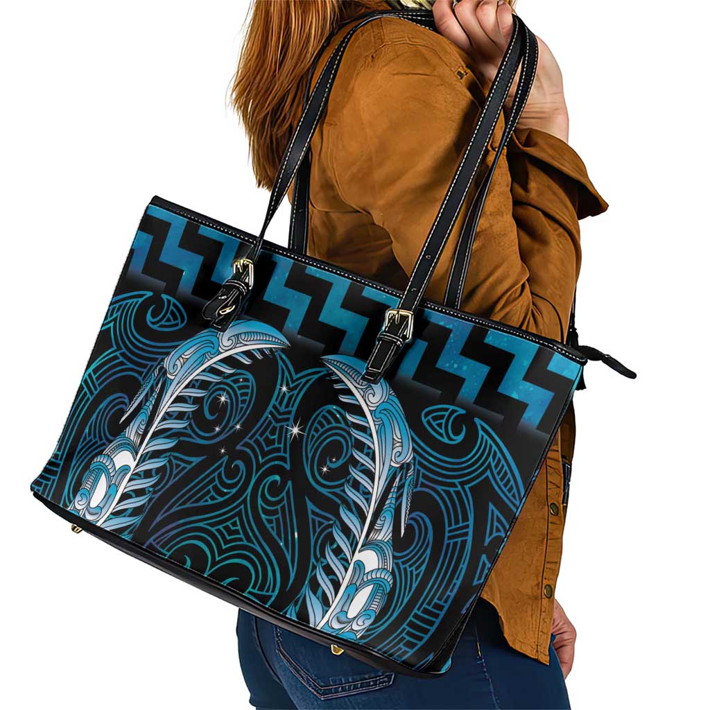 Blue Matariki New Zealand Leather Tote Bag Maori Poutama Galaxy Vibes