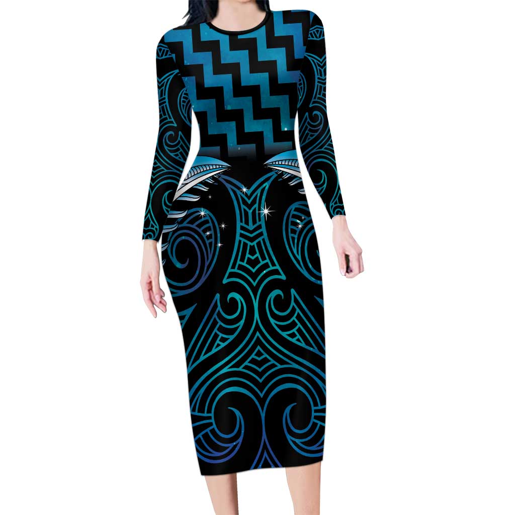 Blue Matariki New Zealand Long Sleeve Bodycon Dress Maori Poutama Galaxy Vibes