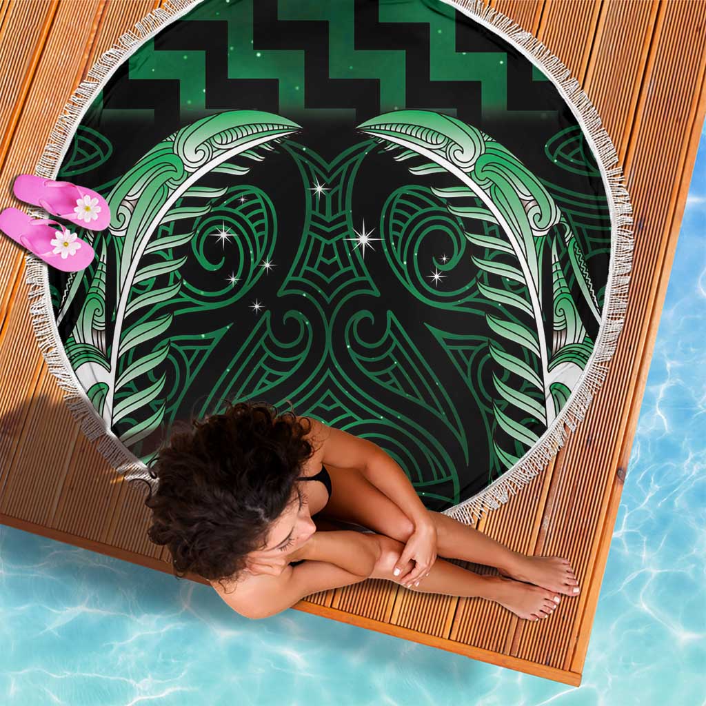 Green Matariki New Zealand Beach Blanket Maori Poutama Galaxy Vibes