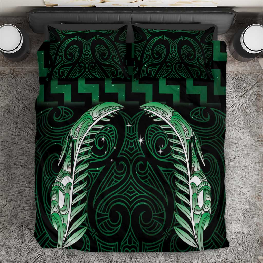 Green Matariki New Zealand Bedding Set Maori Poutama Galaxy Vibes