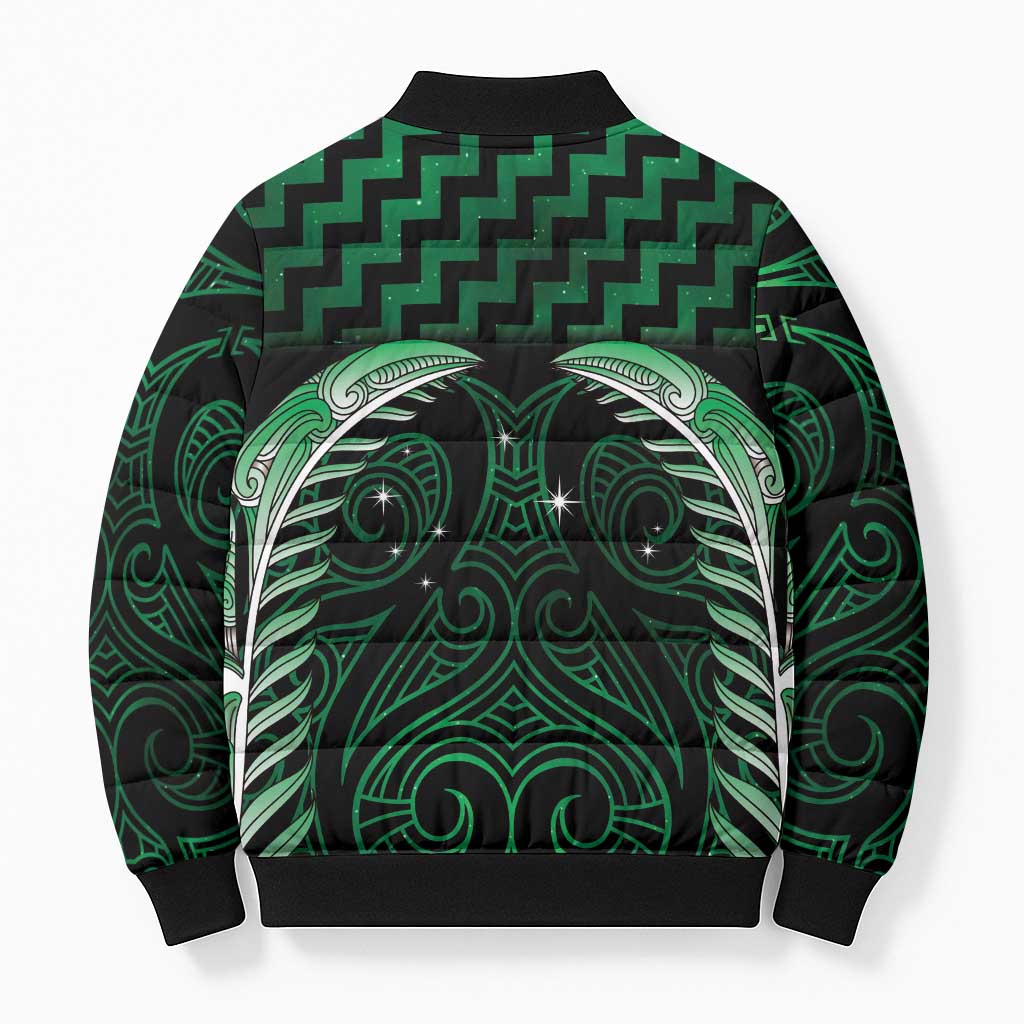 Green Matariki New Zealand Bomber Puffer Jacket Maori Poutama Galaxy Vibes - Polynesian Pride